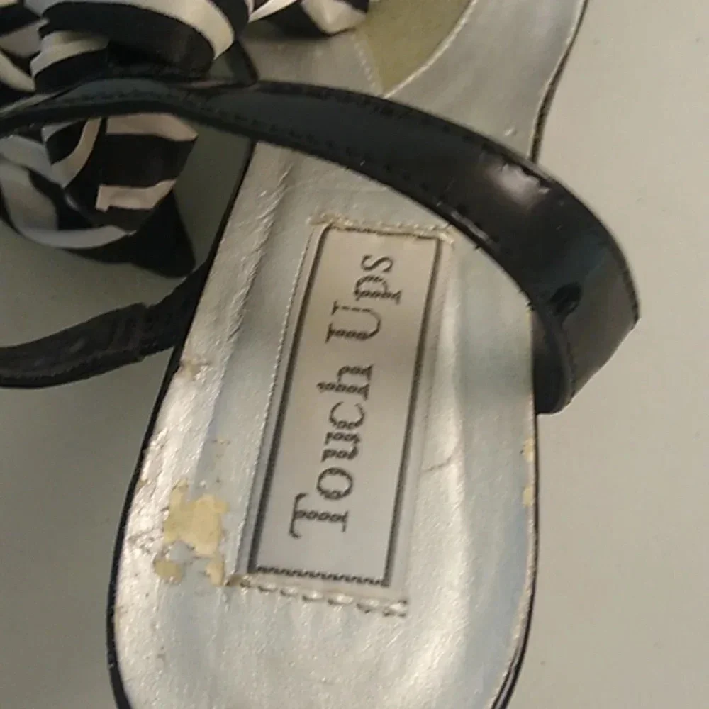 Touch Ups Black patent, ankle bow tie, silver, front platform heeled shoe